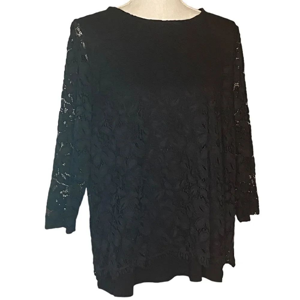 J Jill Wearever Collection Sz Lrg Black 3/4 Sleeve Lace Overlay Blouse Shirt